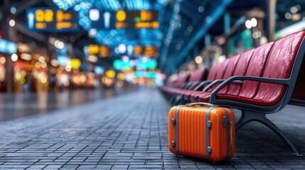 Orange suitcase sitting on airport terminal floor beside red seats