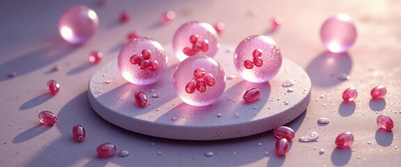 Pomegranate seeds as glowing data particles on circular platform  