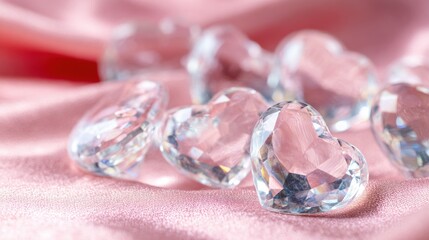 Clear heart-shaped crystals on a pink fabric surface create a shiny display