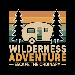 Wilderness adventure: escape the ordinary with a vintage camper and pine trees graphic and T-shirt Design