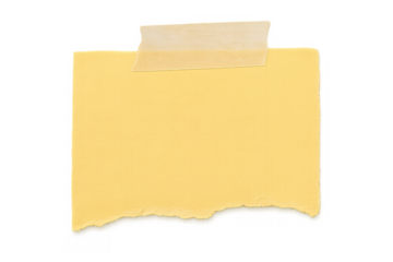 Yellow blank paper note with torn edges adhered by masking tape, creating a reminder or message mockup