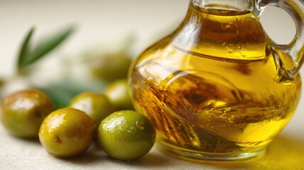 Olive oil and fresh olive fruits in the bottle