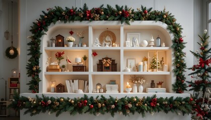 Festive Christmas shelf decor with garlands, ornaments, candles and books, creating a warm holiday atmosphere in a cozy living room with elegant seasonal home decoration