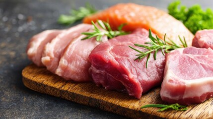 Various cuts of meat arranged on a wooden board with herbs