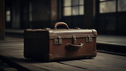 Silent Railway Platform with Old Suitcase as Symbolic Still Life