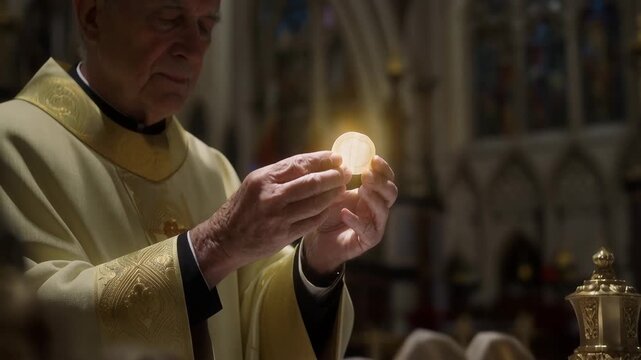 Senior man priest holding communion host during religious ceremony in church. Christian liturgical rite and sacrament of eucharist.