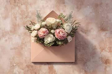 An envelope with beautiful flowers and leaves. Floral arrangement, creative layout. Top view. Spring, summer, or garden concept. A gift for Women's Day or Valentine's Day.