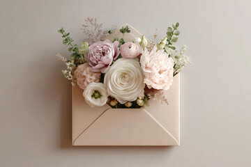 An envelope with beautiful flowers and leaves. Floral arrangement, creative layout. Top view. Spring, summer, or garden concept. A gift for Women's Day or Valentine's Day.