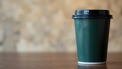 Green Disposable Coffee Cup with Black Lid on Wooden Table &ndash; Hot Takeaway Beverage Cup, Eco-Friendly Paper Coffee Cup for Cafes, Coffee Shops, and Morning Drinks