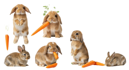 five fluffy brown rabbits and baby bunnies (lops, lionheads) nibbling carrots, sharp focus, ultra-detailed fur texture on a transparent background with copy space, high-key studio light. concept of