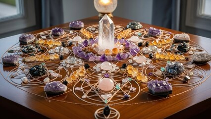 A crystal grid with various gemstones and crystals on a wooden table.