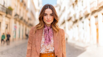 Fototapeta premium Fashionable person walks on street in city during bright day in Spain