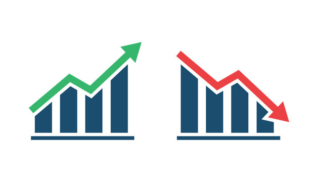 Financial arrows up and down. Financial growth and decline. Graph with green and red arrows. Finance diagram, graphic charts icon set