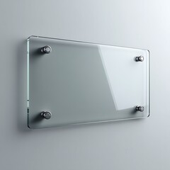 A clean, modern blank glass plaque mockup mounted on a light gray wall