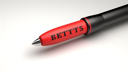 A high-quality 3d render of a red and black pen displaying the text bettts on its barrel