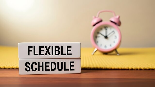 Flexible schedule concept with alarm clock on table