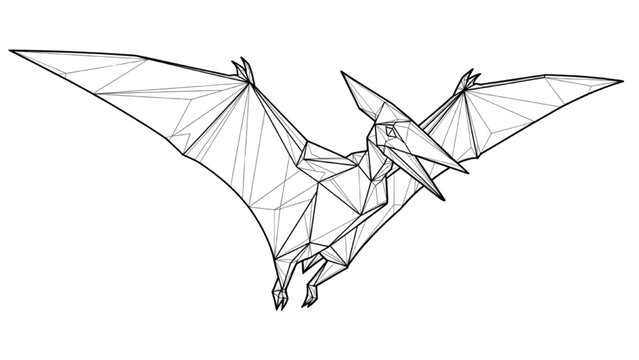 Dynamic geometric wireframe illustration of a prehistoric flying reptile, a captivating pterodactyl in motion