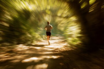 person running fast on a sunlit forest trail