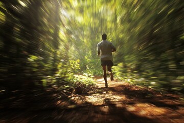 man running on a forest trail in dappled sunlight