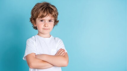 Boy stands confidently with arms crossed against a light blue background