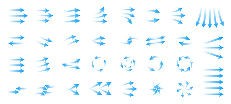 Arrow wind air flow set icons, blue cold wind flow direction, airflow and ventilation, climate control, air direction circulation motion and strength signs