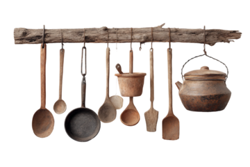 Farmhouse rustic kitchen with metal utensils isolated on transparent background