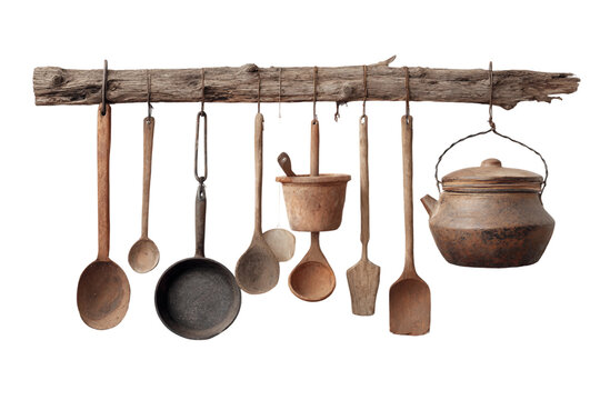 Farmhouse rustic kitchen with metal utensils isolated on transparent background