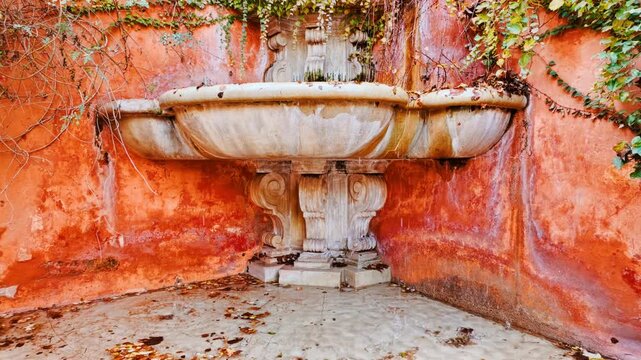 Weathered stone Renaissance-style fountain with a textured wall with overhanging ivy and fallen leaves in Seville, Andalusia, Spain