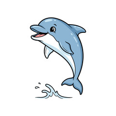 Fototapeta premium A cartoon dolphin jumping out of the ocean with a splash, illustrated from a side view.