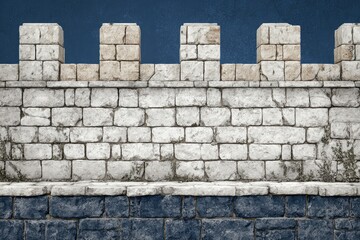 Ancient stone castle battlement with crenellations against a blue sky.