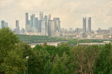 View of the skyscrapers of the Moscow city from the park