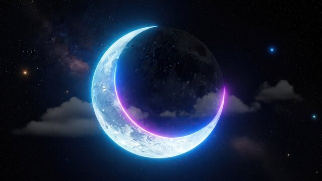 A crescent moon with a glowing blue and pink neon ring, set against a starry night sky with clouds and a milky way galaxy in the background.