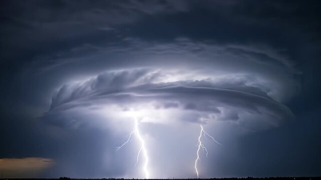 Intense thunderstorm with dramatic circular shelf cloud and bright lightning strikes.