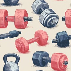 seamless pattern shows hand drawn dumbbells and kettlebells
