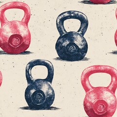 seamless pattern of hand drawn dumbbells and kettlebells