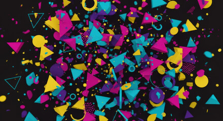 Dynamic Abstract Composition Featuring a Burst of Colorful Geometric Shapes, Including Triangles, Circles, and Spheres, Against a Dark Background
