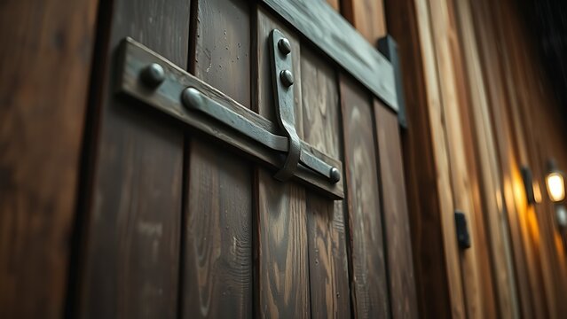 hasp. Weathered barn door with a heavy metal hasp swaying in a rainy atmosphere. real-estate listings, architecture portfolios, designed for architectural facade and classical detail presentations.