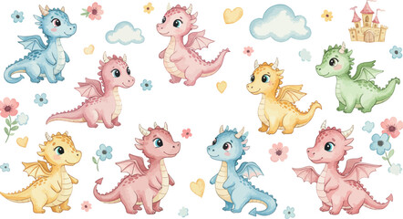 Colorful illustration of various cute cartoon dinosaurs in different poses and colors