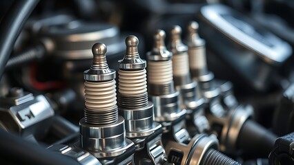 Naklejka premium electrodes. Gleaming spark plug electrodes in a dark engine bay. mobility guides, transit brochures, designed for transport & logistics marketing, used by account managers.