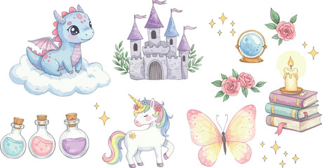 Fototapeta premium Whimsical fairy tale illustrations of magical creatures and fantasy objects for kids