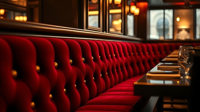 banquette. Curved velvet banquette seating in upscale restaurant with brass button details. real-estate listings.