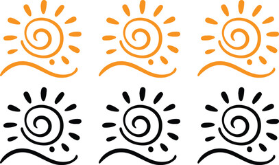 hand drawn sun yellow black line icons set vector illustration design art