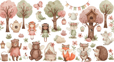 Whimsical forest creatures and trees in a fantasy woodland scene
