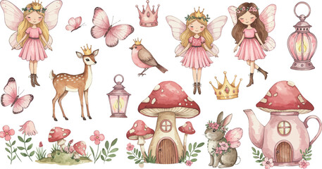 Whimsical fantasy illustration of fairies animals flowers and mushrooms in pastel colors
