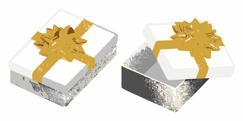 Two gift boxes with golden ribbons presented with a minimalist aesthetic