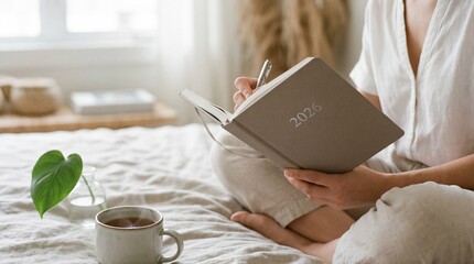 Close-up of hands writing in a 2026 planner while relaxing in bed with a hot drink; setting goals and managing future appointments in a cozy, minimalist atmosphere.