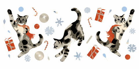 Playful cats celebrate the festive season with gifts and winter decorations