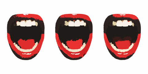 Three open mouths displaying teeth and tongues in a graphic illustration