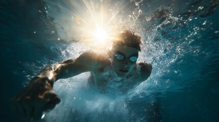 swimmer under water showing mid stroke with bubbles and light