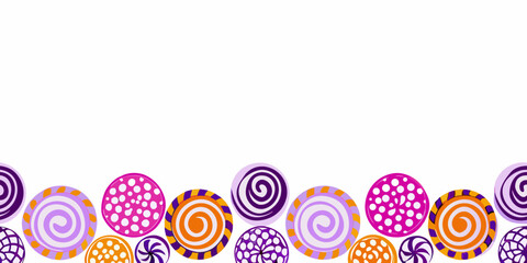 Colorful spiral and polka dot pattern along a white background border